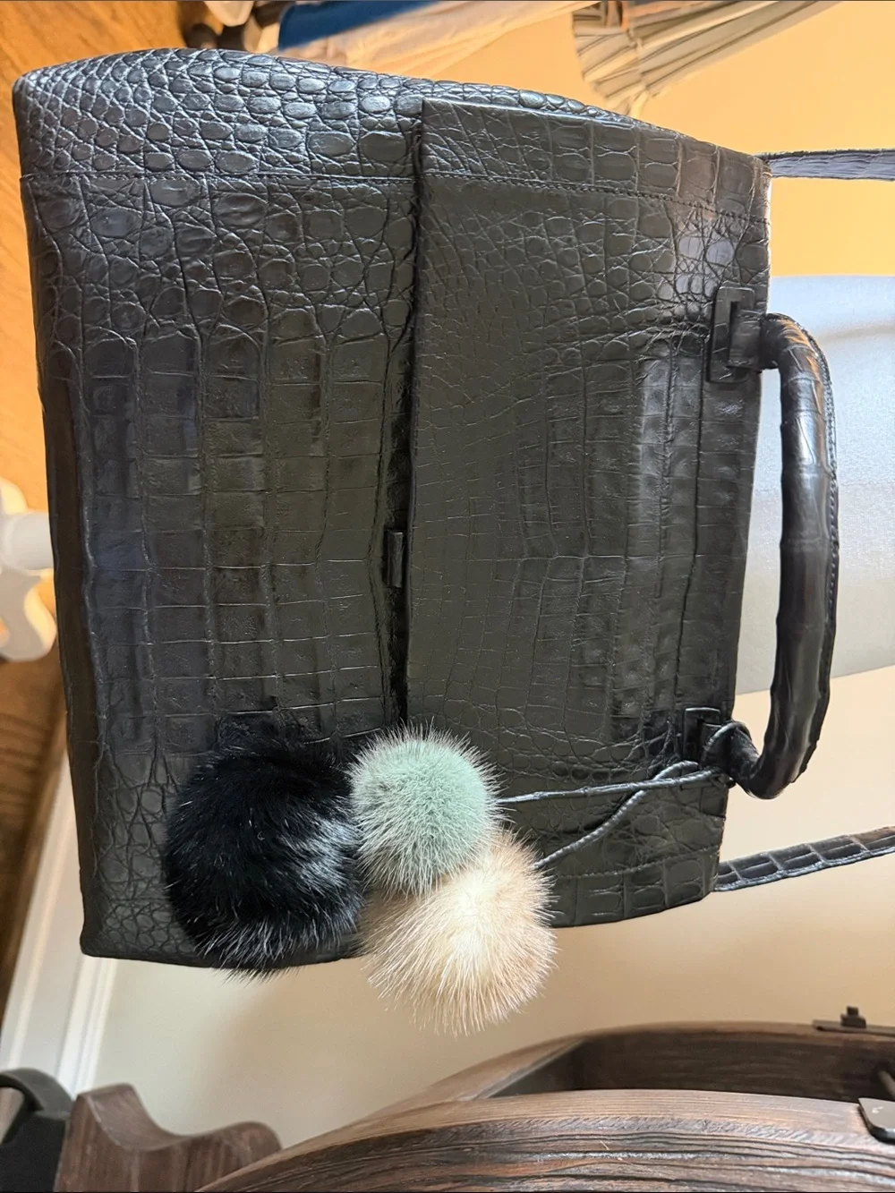 Nancy Gonzalez Black Croc-Embossed Satchel with Multicolor Mink Pom Pom Charms